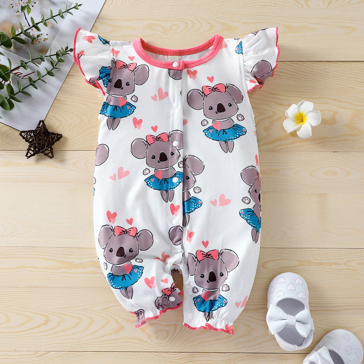 Cute Heart Koala Print Flutter Sleeve Baby Girl Jumpsuit Main image