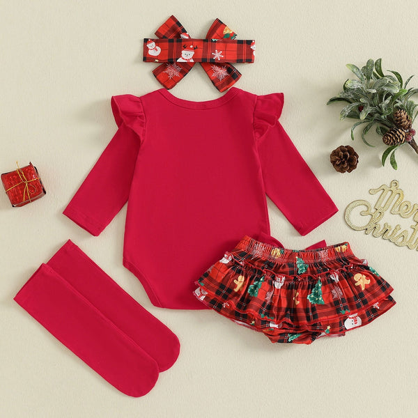 4PCS My 1st Christmas Letter Plaid Printed Long Sleeve Baby Set