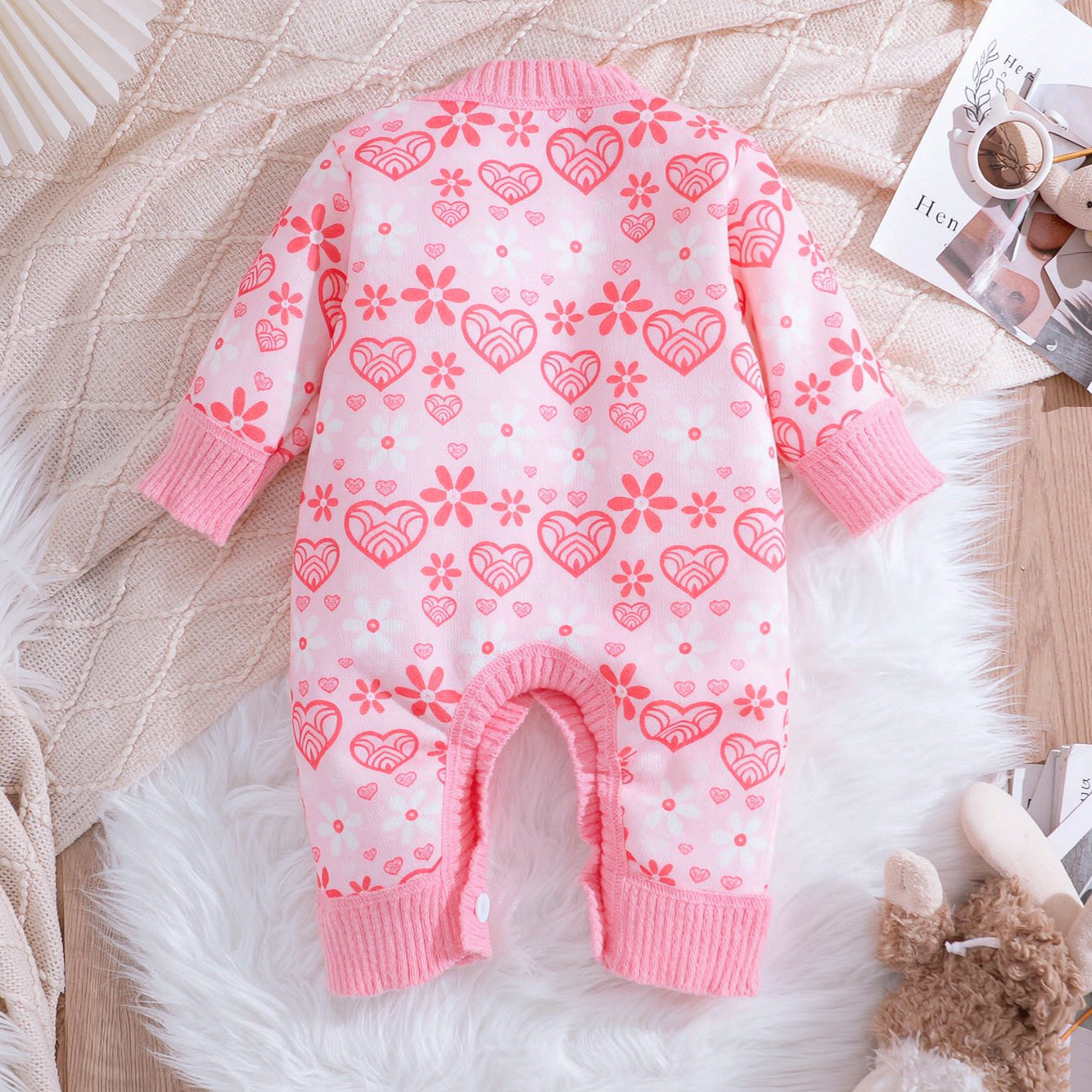 Pretty Heart Floral Print Long Sleeve Knit Baby Girl Jumpsuit Image secondaire du produit