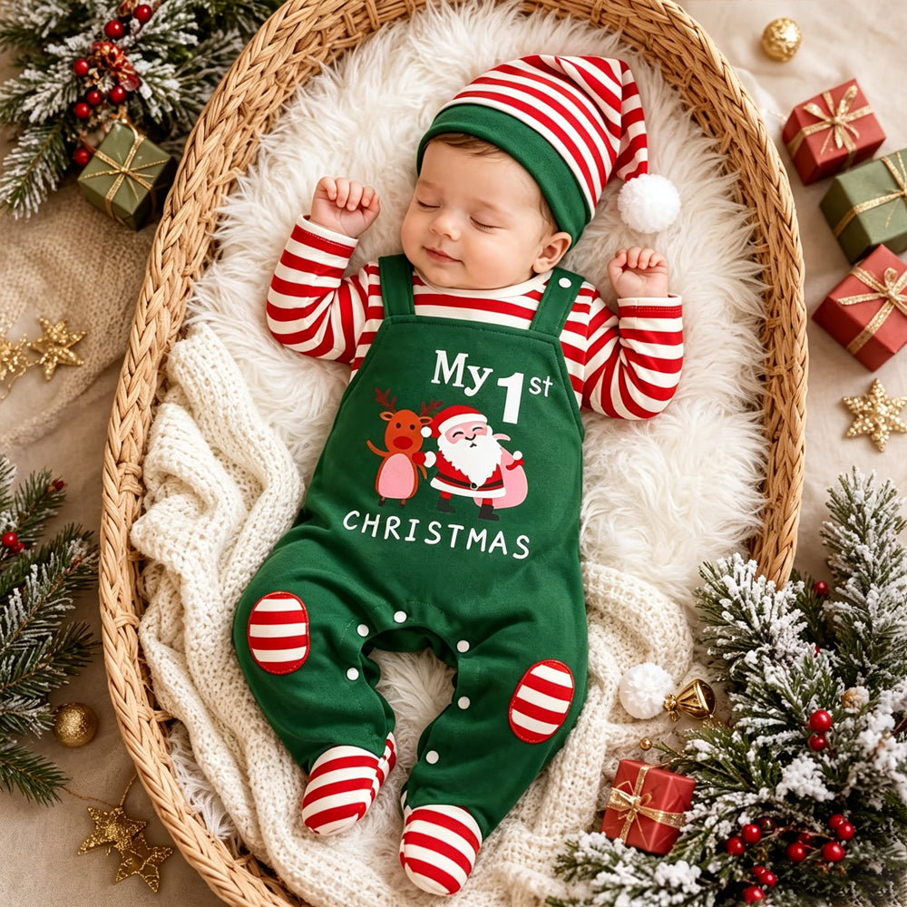 2PCS My 1st Christmas Letter Santa Stripe Print Faux Layering Baby Jumpsuit