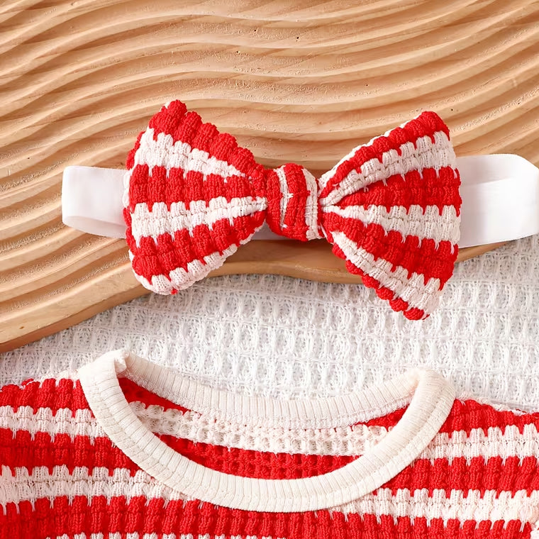 3PCS Vibrant Floral Applique Stripe Print Long Sleeve Knit Baby Set