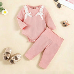 2PCS Sweet Solid Color Bow Long Sleeve Baby Girl Set