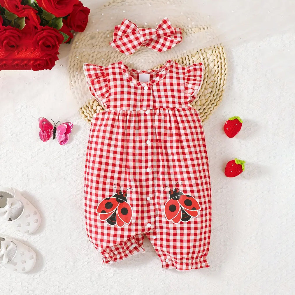 2PCS Lovely Plaid and Ladybug Printed Sleeveless Baby Jumpsuit Main image