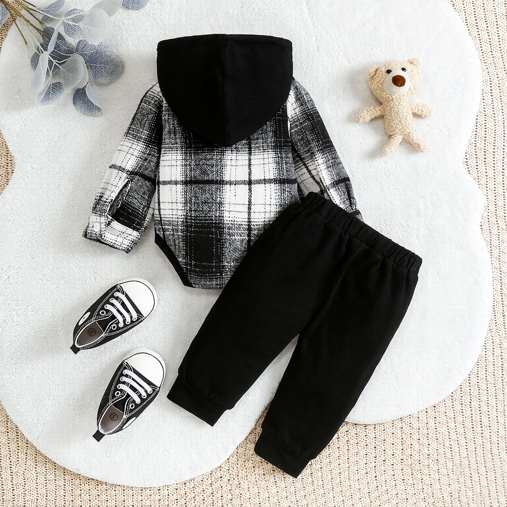 2PCS Timeless Plaid Print Long Sleeve Hoodie Baby Boy Set