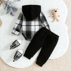 2PCS Timeless Plaid Print Long Sleeve Hoodie Baby Boy Set