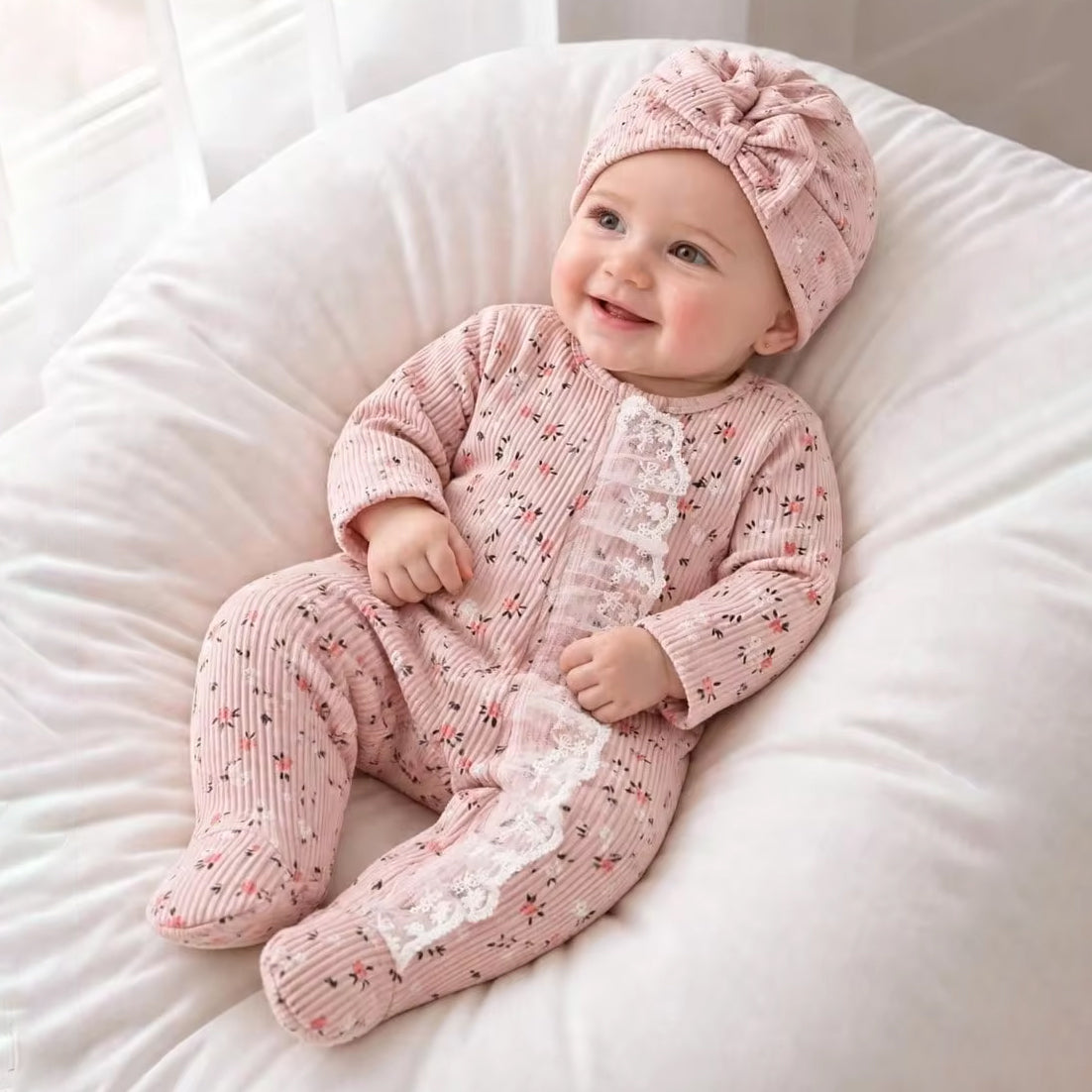 2PCS Charming Ditsy Floral Print Lace Long Sleeve Baby Zipper Jumpsuit