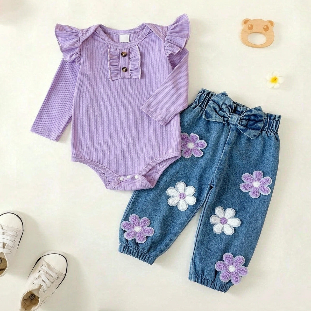 2PCS Pretty Floral Applique Long Sleeve Baby Girl Denim Set Main image