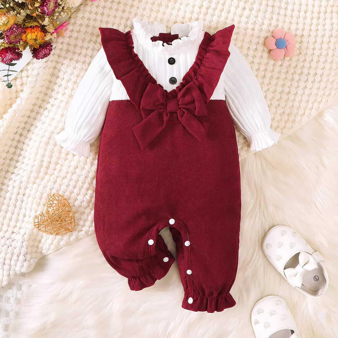 Color Block Ruffle Bow Decor Long Sleeve Baby Girl Jumpsuit