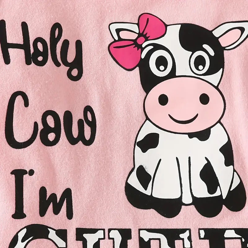 3PCS Holy Cow I'm Cute Letter and Cow Printed Long Sleeve Baby Flared Pants Set