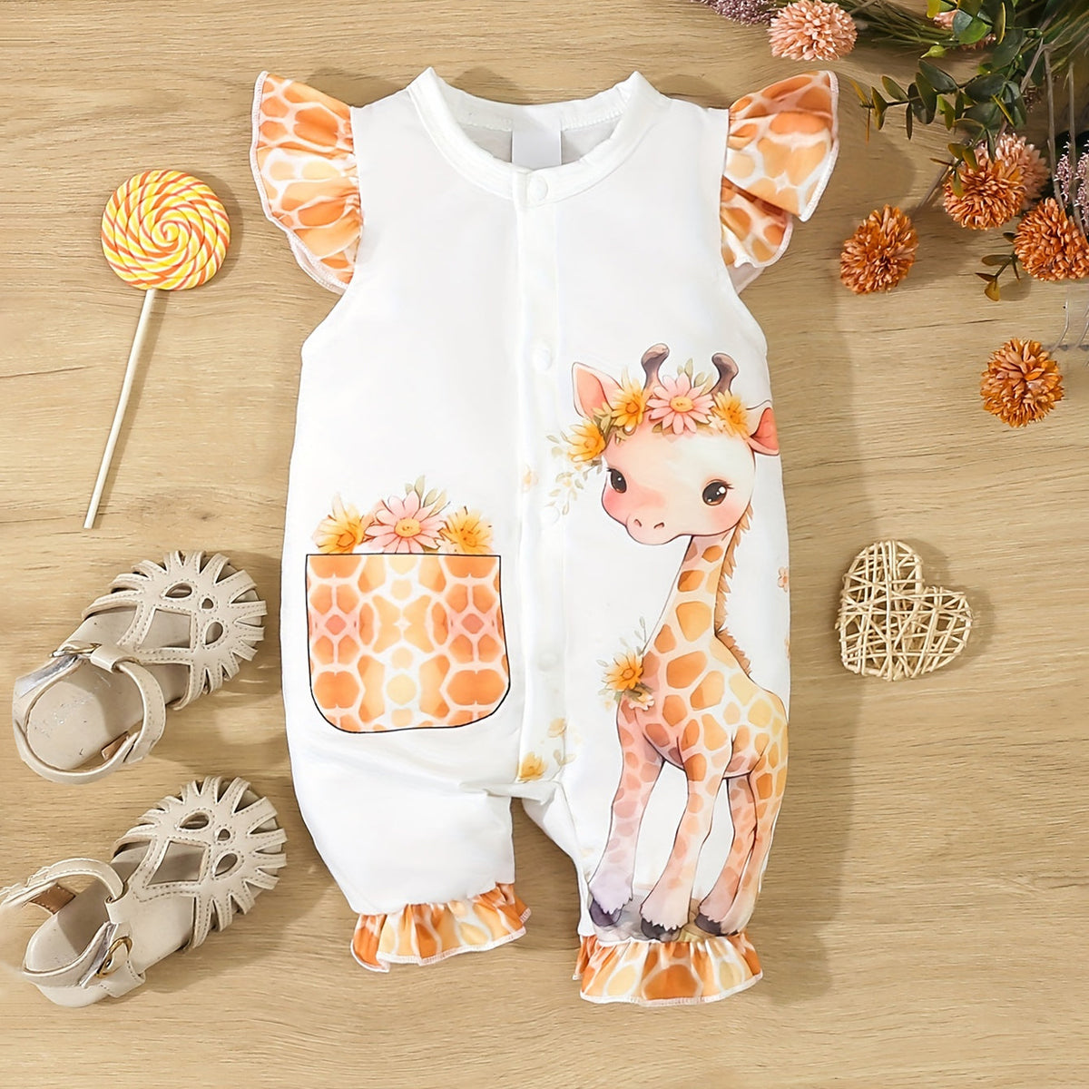 Cartoon Giraffe Printed Sleeveless Baby Jumpsuit Main image