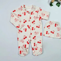 2PCS Allover Cherry Printed Long Sleeve Baby Jumpsuit