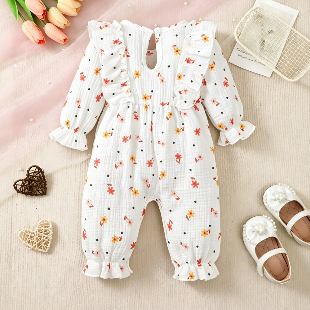 Sweet Baby Girl Ditsy Floral Printed Ruffle Long Sleeve Jumpsuit