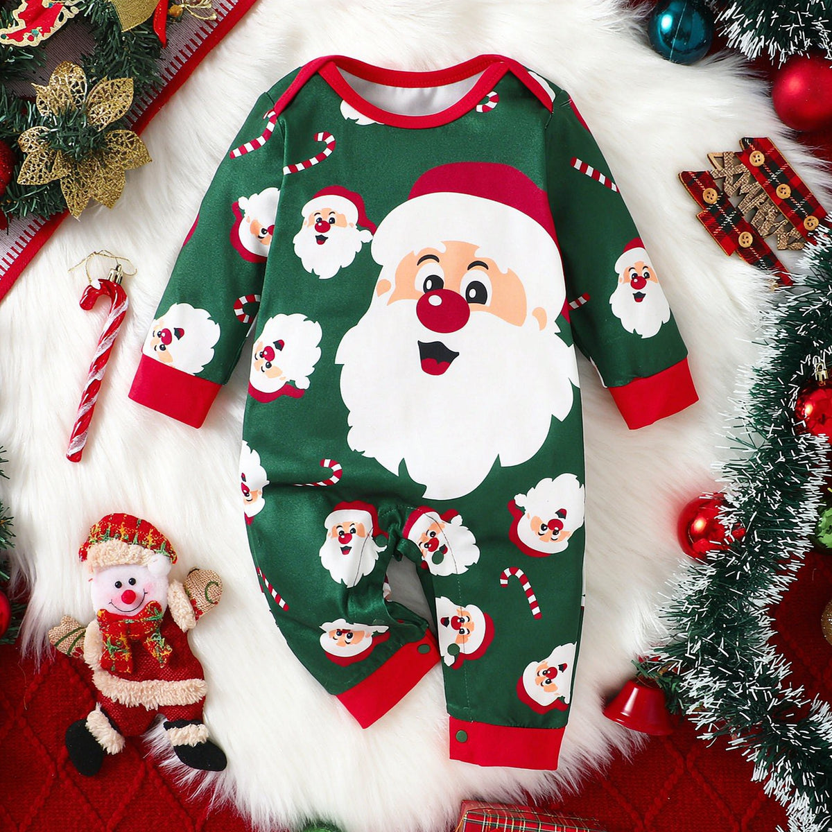 Cute Santa Claus and Candy Cane Print Long Sleeve Baby Jumpsuit Main image