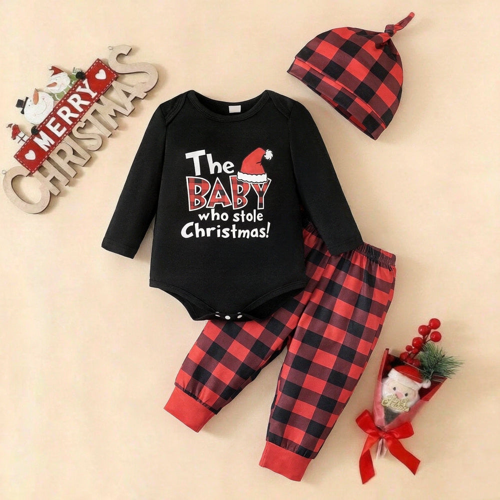 3PCS The Baby Who Stole Christmas Letter Plaid Print Baby Boy Set