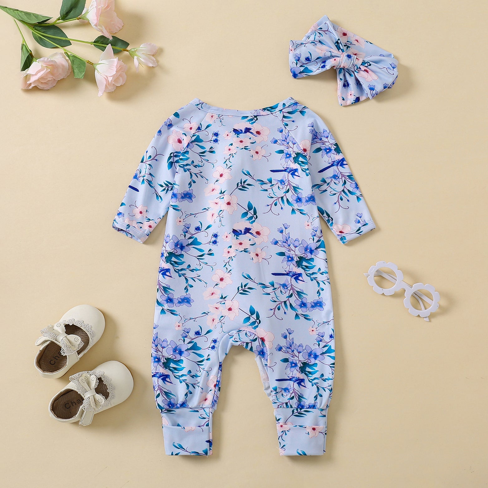 2PCS Pretty Floral Printed Long Sleeve Baby Jumpsuit Secondary image