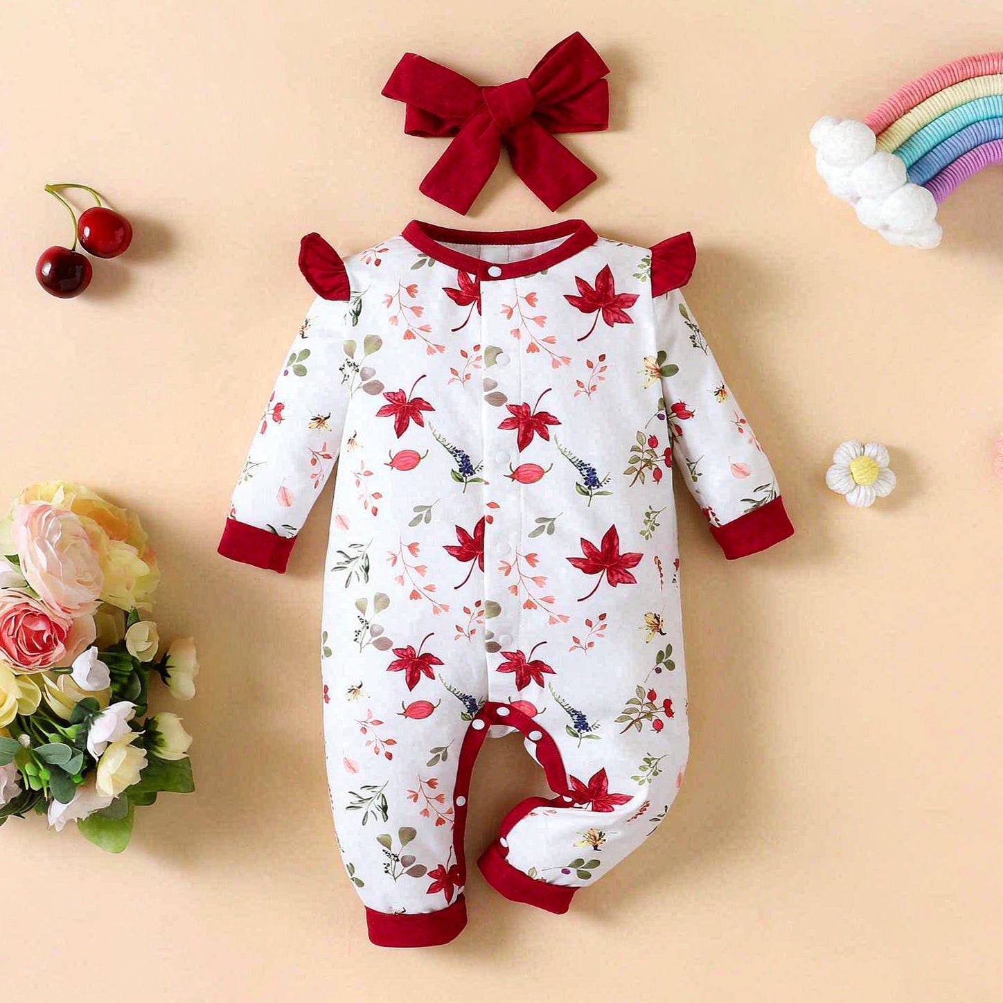 2PCS Allover Leaf Print Long Sleeve Baby Girl Jumpsuit