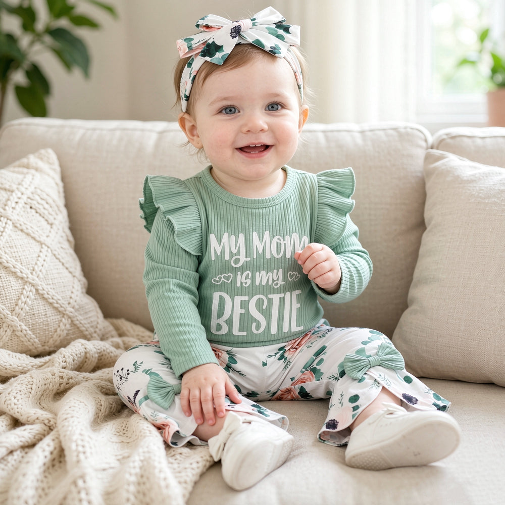 3PCS My Mom Is My Bestie Letter Floral Print Baby Set