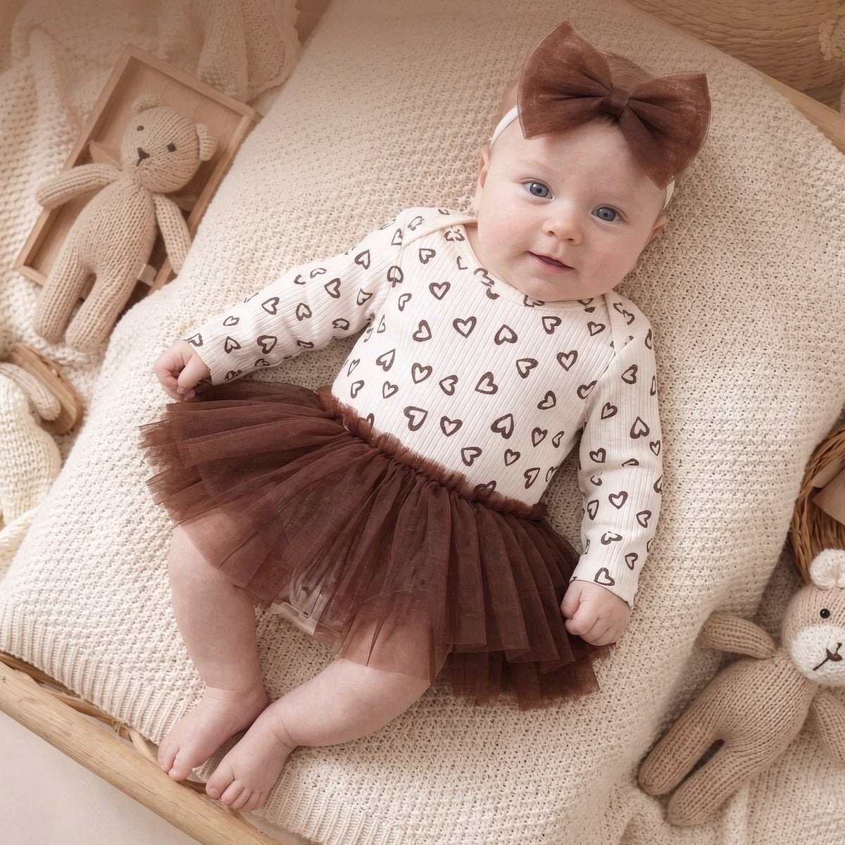 2PCS Dreamy Heart Printed Long Sleeve Mesh Baby Romper