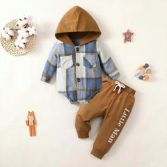 2PCS Chic Little Man Letter Plaid Print Long Sleeve Hoodie Baby Set