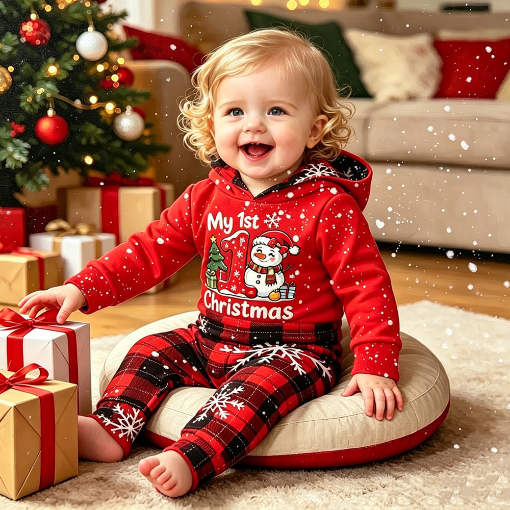2PCS My 1st Christmas Letter Snowman Plaid Print Baby Hoodie Set