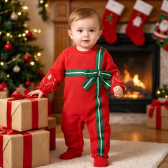 Color Block Holiday Print Fleece Long Sleeve Baby Jumpsuit