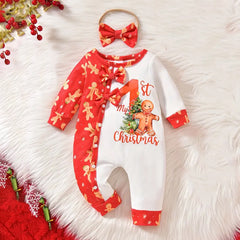 2PCS My 1st Christmas Letter Gingerbread Man Print Baby Jumpsuit