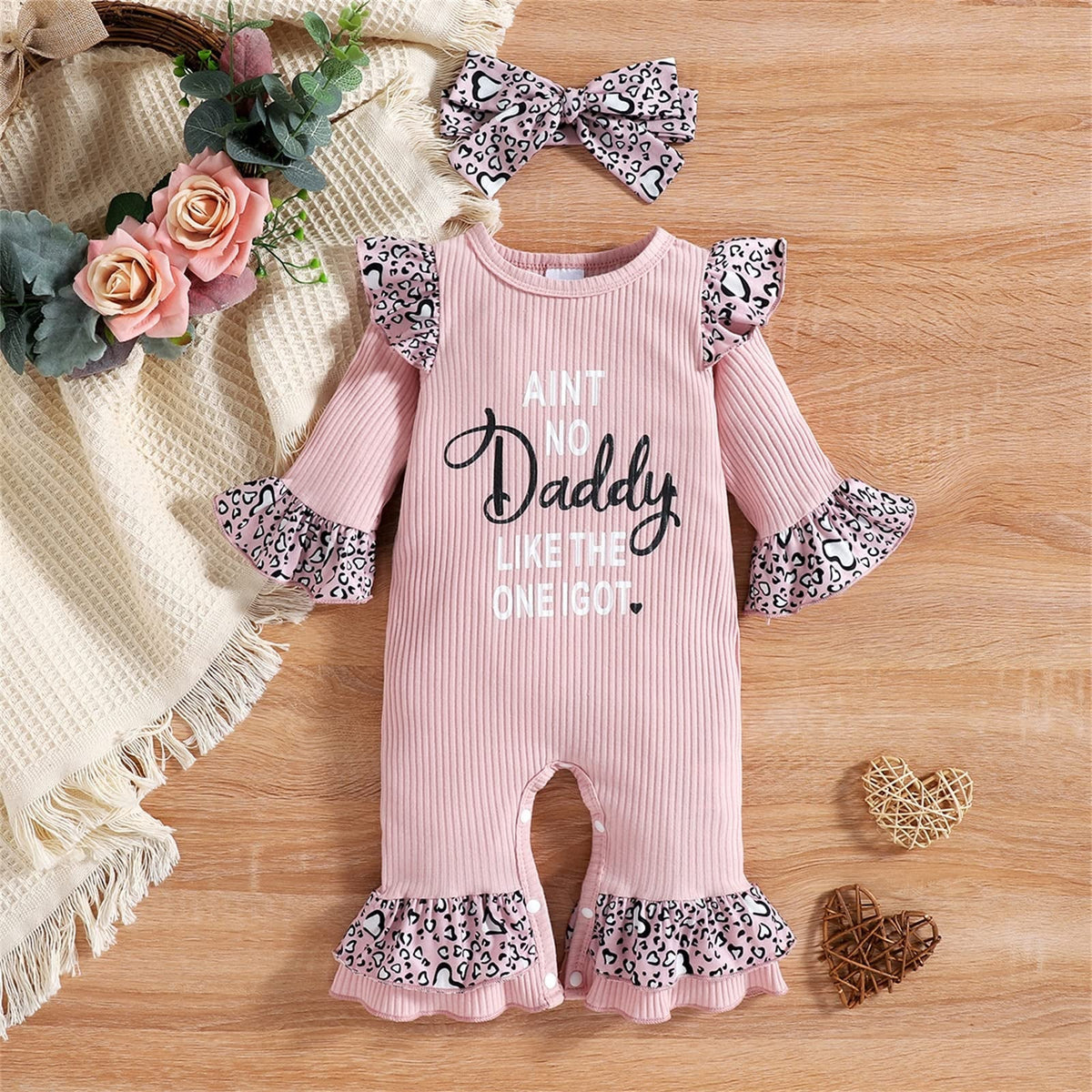 2PCS Letter Leopard Printed Ruffle Shoulder Baby Jumpsuit