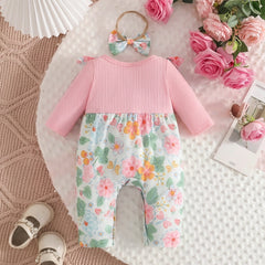 2PCS Whimsical Floral Butterfly Print Ruffle Long Sleeve Baby Girl Jumpsuit