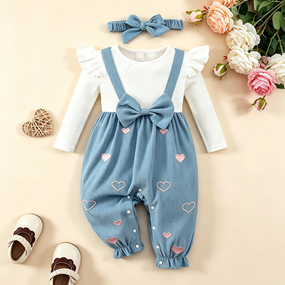 2PCS Cute Faux Two Piece Heart Embroidery Baby Girl Corduroy Jumpsuit
