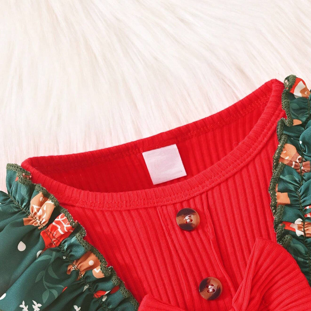 2PCS Sweet Christmas Print Long Sleeve Baby Girl Jumpsuit