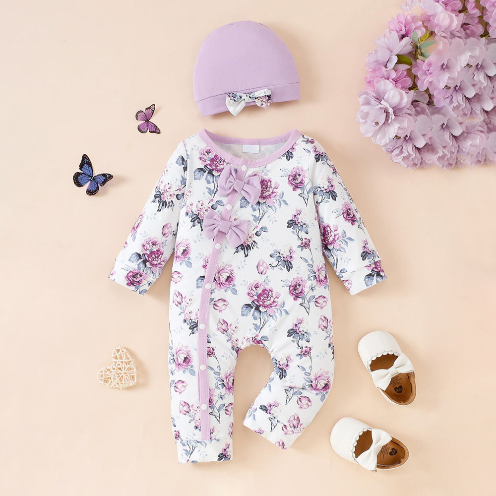 2PCS Elegant Floral Printed Bow Long Sleeve Baby Jumpsuit