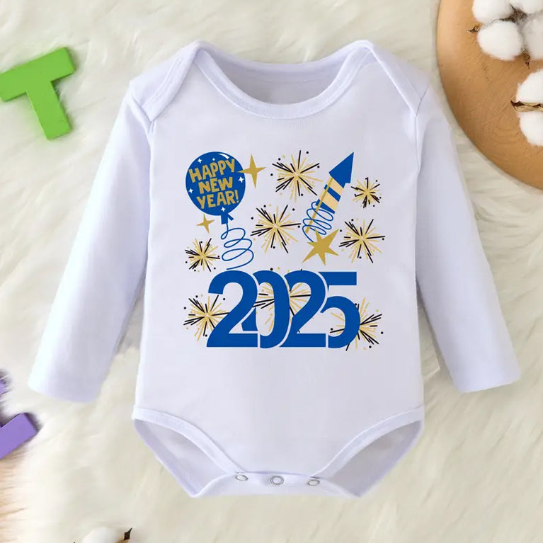 Happy New Year 2025 Letter Fireworks Printed Long Sleeve Baby Romper Imagem secundária do produto