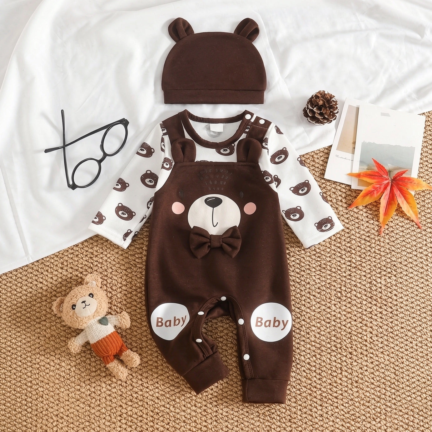 2PCS Timeless Bear Printed Faux Layer Baby Jumpsuit