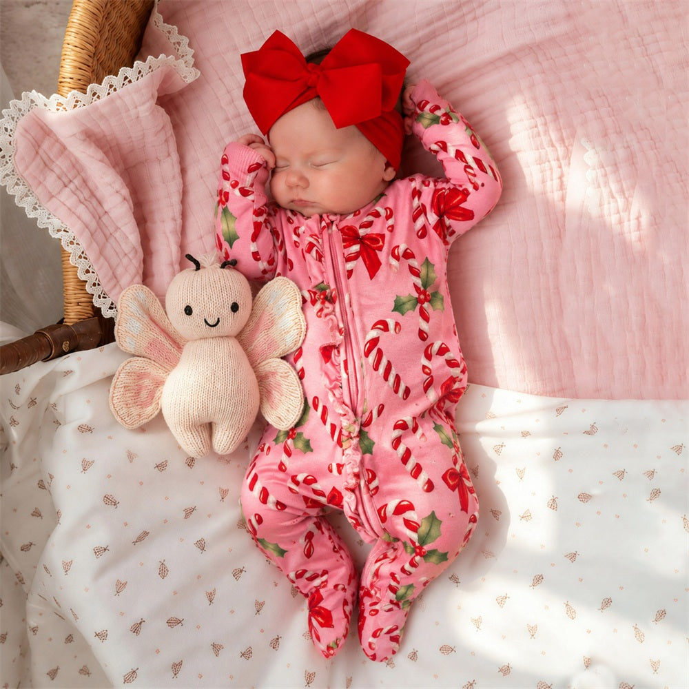 Delightful Christmas Bow Candy Cane Printed Zipper Long Sleeve Baby Jumpsuit Main image