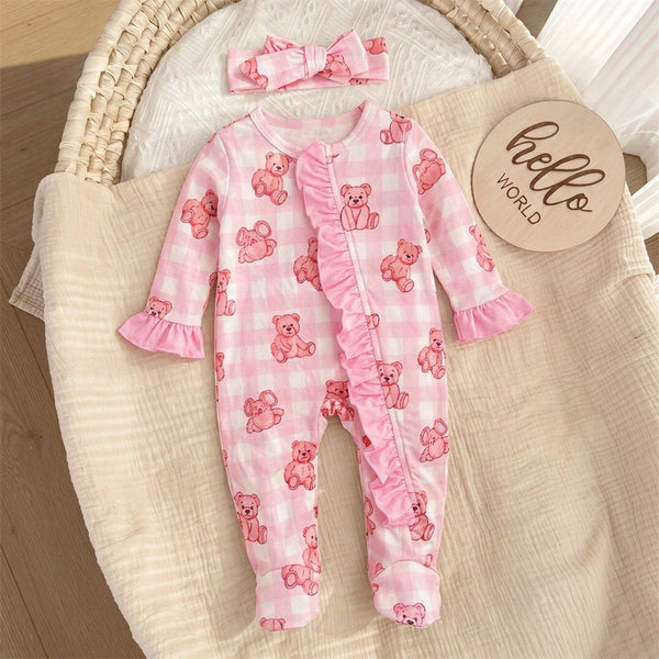2PCS Lovely Bear Plaid Print Ruffle Zipper Baby Jumpsuit