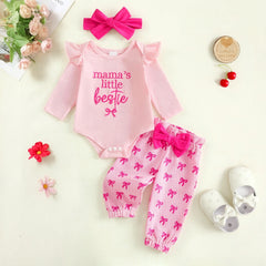 3PCS Mama's Little Bestie Letter Bow Print Long Sleeve Baby Set