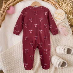 2PCS Grace Bow Print Long Sleeve Zipper Baby Jumpsuit
