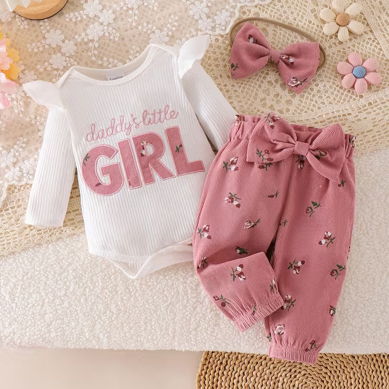 3PCS Chic Daddy's Little Girl Letter Embroidered Floral Printed Baby Set