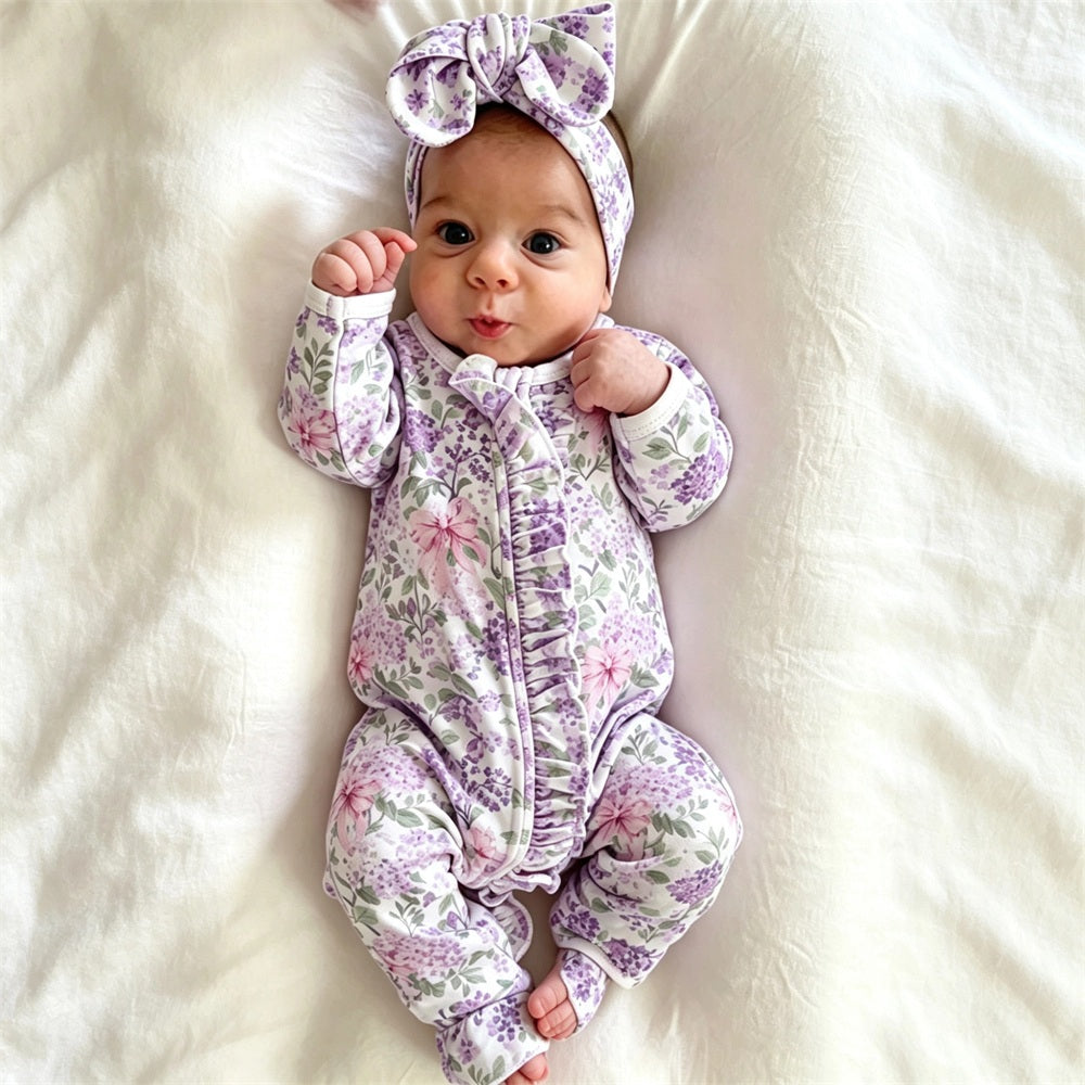 2PCS Charming Floral Print Zipper Long Sleeve Baby Jumpsuit