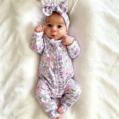 2PCS Charming Floral Print Zipper Long Sleeve Baby Jumpsuit