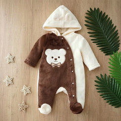 Lovely Bear Bow Applique Long Sleeve Baby Plush Hoodie Jumpsuit