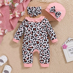 3PCS The Princess Letter Leopard Printed Long Sleeve Baby Jumpsuit