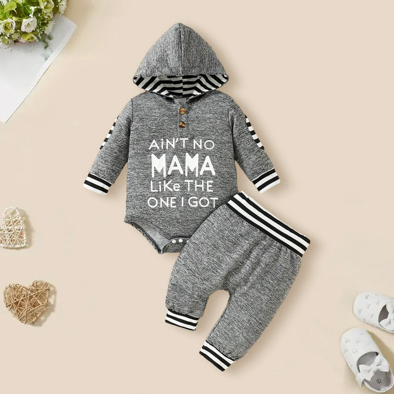 2PCS Ain't No Mama Letter Stripe Printed Hooded Long Sleeve Baby Set Main image
