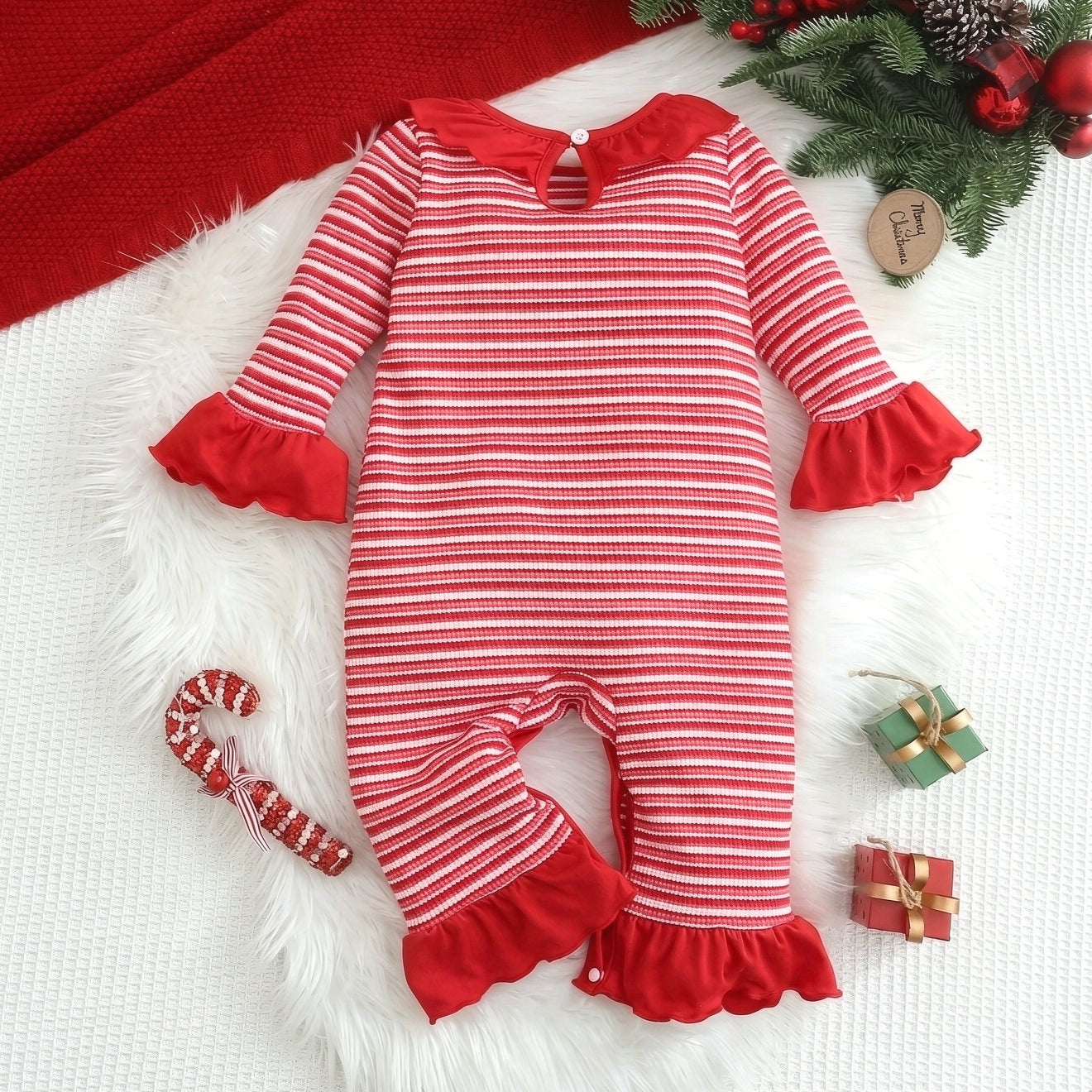 Santa Claus Applique Striped Knit Baby Girl Christmas Jumpsuit