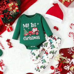 3PCS Cozy My 1st Christmas Letter Tractor Tree Printed Baby Boy Set