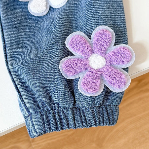 2PCS Pretty Floral Applique Long Sleeve Baby Girl Denim Set