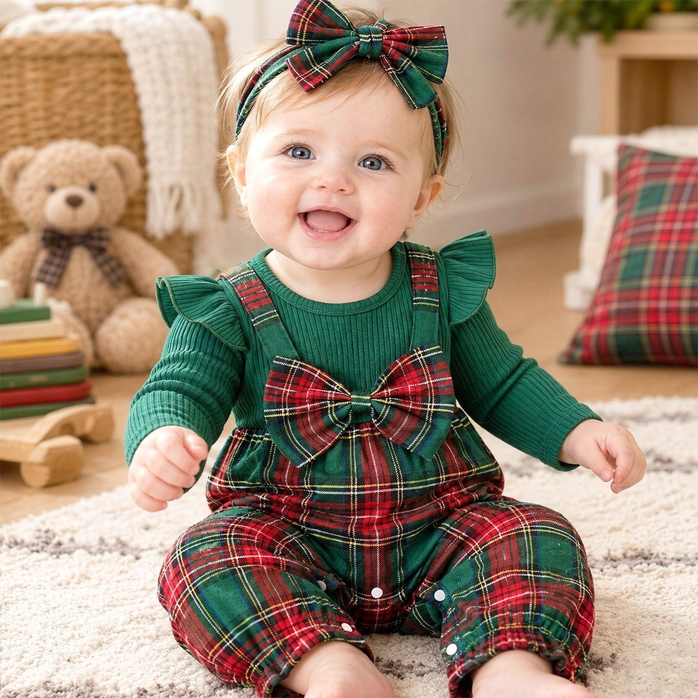 2PCS Vibrant Plaid Print Bow Long Sleeve Baby Girl Jumpsuit