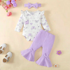 3PCS Lovely Butterfly Print Bowknot Long Sleeve Baby Girl Set