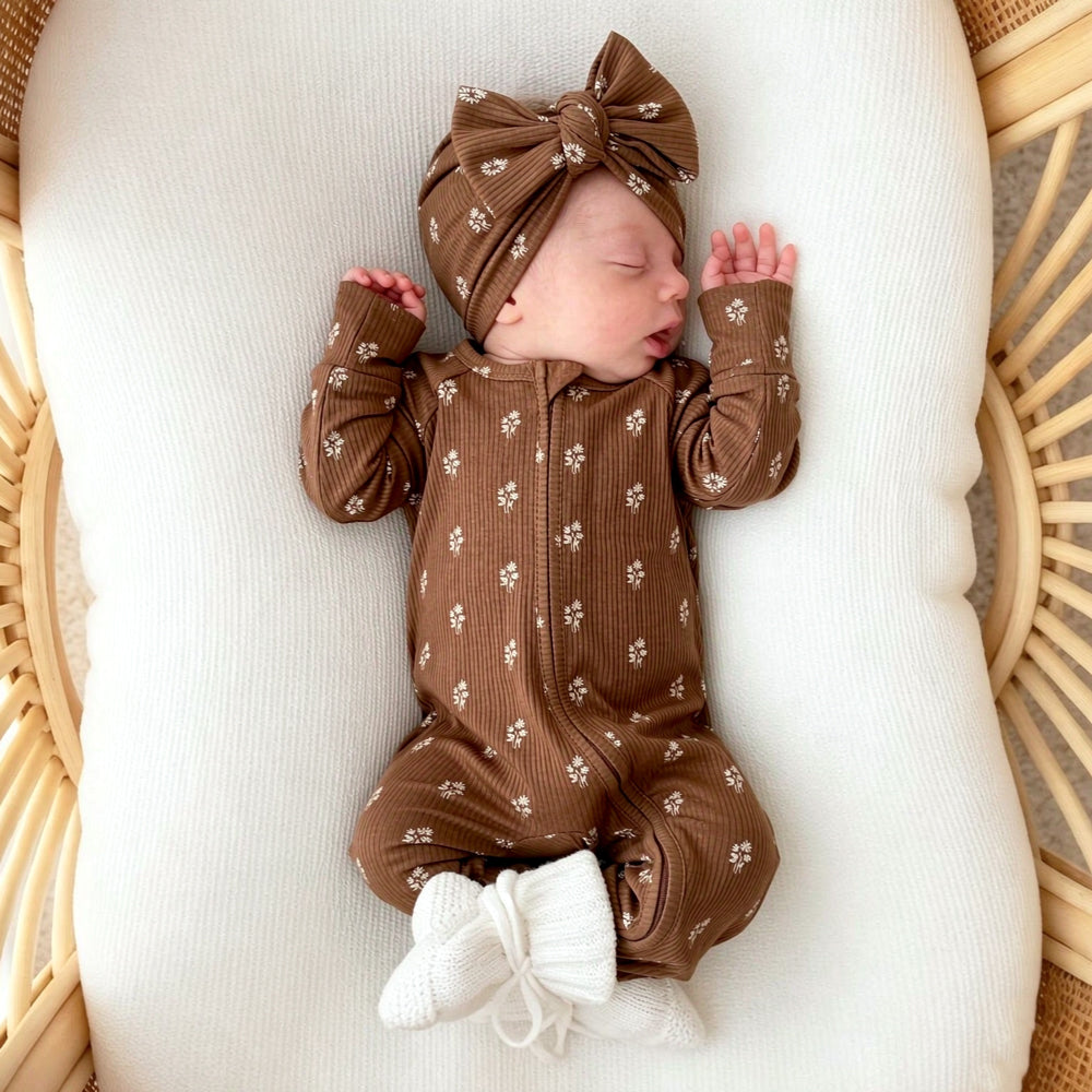 2PCS Baby Girl Ditsy Floral Print Long Sleeve Zipper Jumpsuit