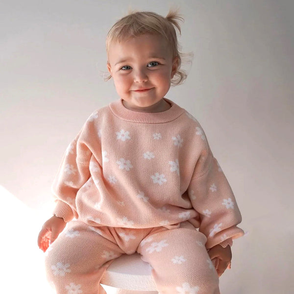 2PCS Cute Allover Floral Printed Knit Long Sleeve Baby Set